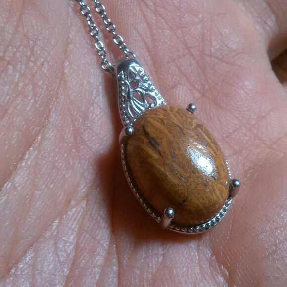 Script Stone Platinum Bond Pendant Stainless Steel Necklace - Picture 8 of 11